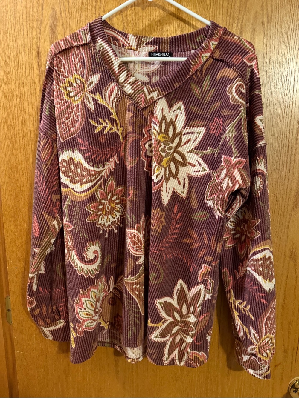 HEIMISH USA Burgundy Floral V-Neck Ribbed Long Sleeve Top